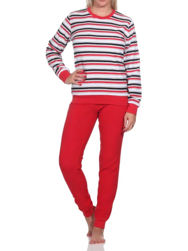 Normann Dames Badstof pyjama met lange mouwen en manchetten - blokstreep-look - ook in overmaten rot1