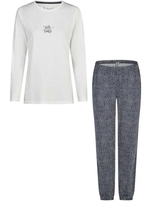 By Louise Dames Pyjama Set Lang Katoen Donkerblauw/Wit Gestipt