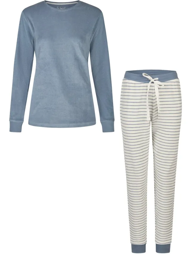 By Louise Dames Winter Pyjama Set Lang Badstof Blauw/Wit Gestreept