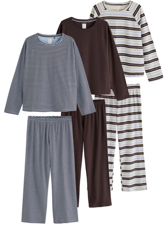 Next Dames - Set van 3 pyjama's met lange mouwen - Bruin Chocolate Brown Stripe