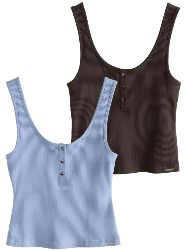 Next Dames - Set van 2 geribbelde hemdjes - Bruin Blue/Brown