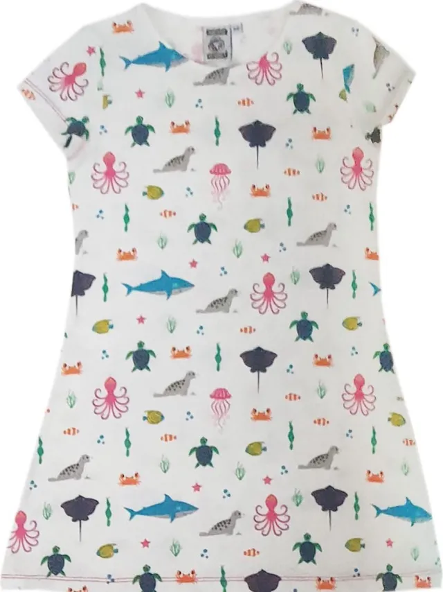 Nature Planet Zacht nachthemd met zeedieren print (100% Oeko-tex gecertificeerd)-110-5 jaar Wit met meer kleuren opdruk