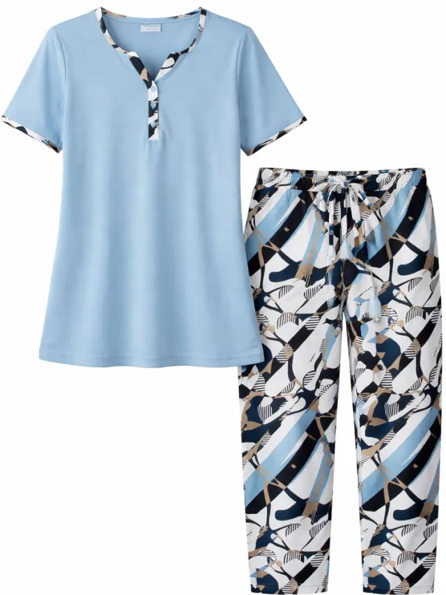 Comtessa Ascafa Dames Pyjama – Deluxe - Korte Mouw – 7/8 Broek – 100% Katoen - Lichtblauw