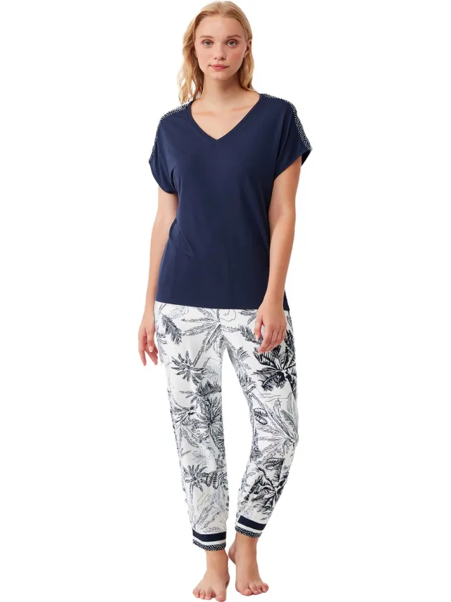 Penye Mood Dames Pyjama Set, Korte Mouwen Donkerblauw