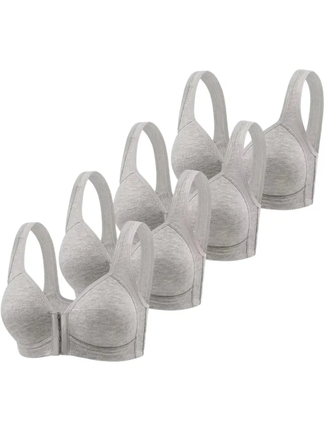 rimmo 4-Pack Dames Beha Zonder Beugel met Voorsluiting – Comfortabele BH met Volledige Dekking, Vaste Cups & Optimale Ondersteuning - Grijs
