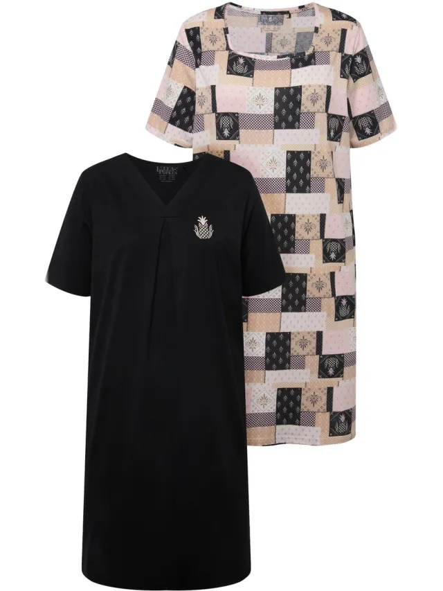 Ulla Popken Dames - Bigshirts set van 2 ananas korte mouwen carré-/V-hals - Zwart - Maat 42+