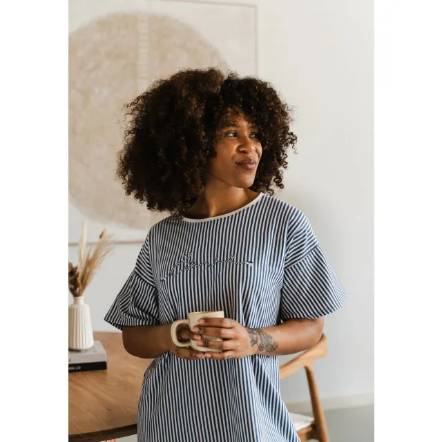 By Louise Dames nachthemd korte mouw gestreept Blauw