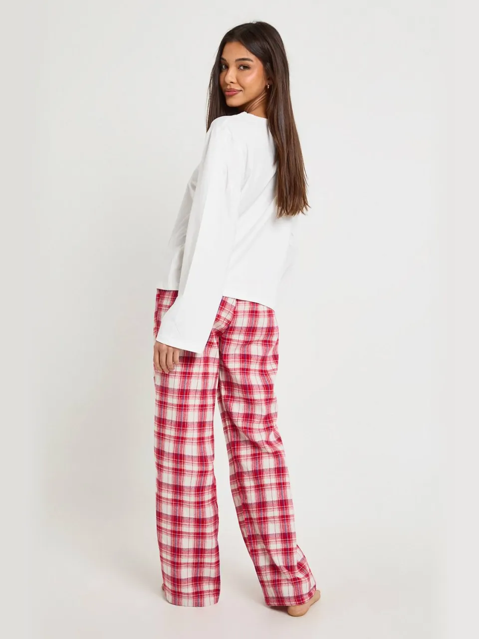 boohoo Dames Geborstelde geruite top met lange mouwen & broek pyjama set rood, foto 2