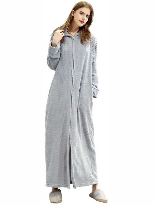 Unyqoos Comfortabele lange badjas met capuchon en ritssluiting voor dames lichtgrijs