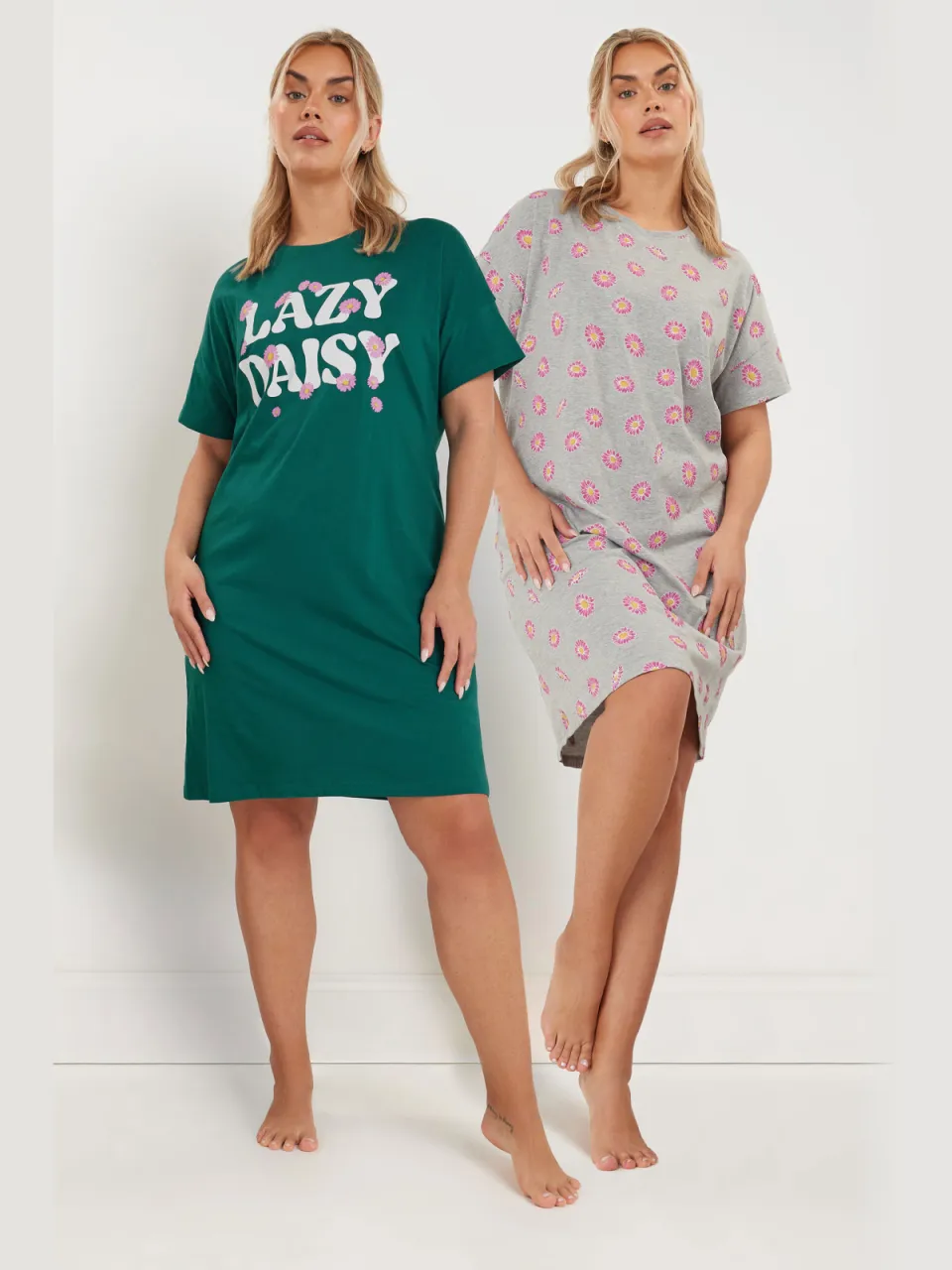 Yours Set Van Twee Paar Nachthemden Met 'Lazy Daisy' Slogan In Groen/Lichtgrijs-56 Green