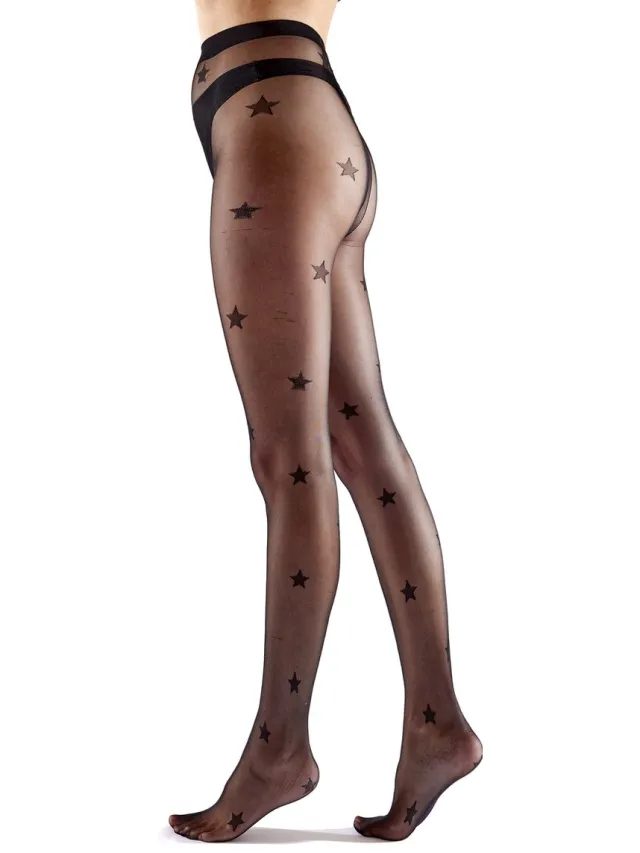 Pretty Polly Panty - Star Pattern Panty - Panty met sterren - zilvere en zwarte sterren - 15 denier - one size - zwart