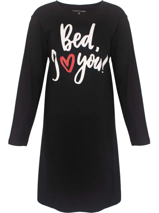 Temptation Dames Nachthemd - Ronde Hals - Bigshirt - Zwart