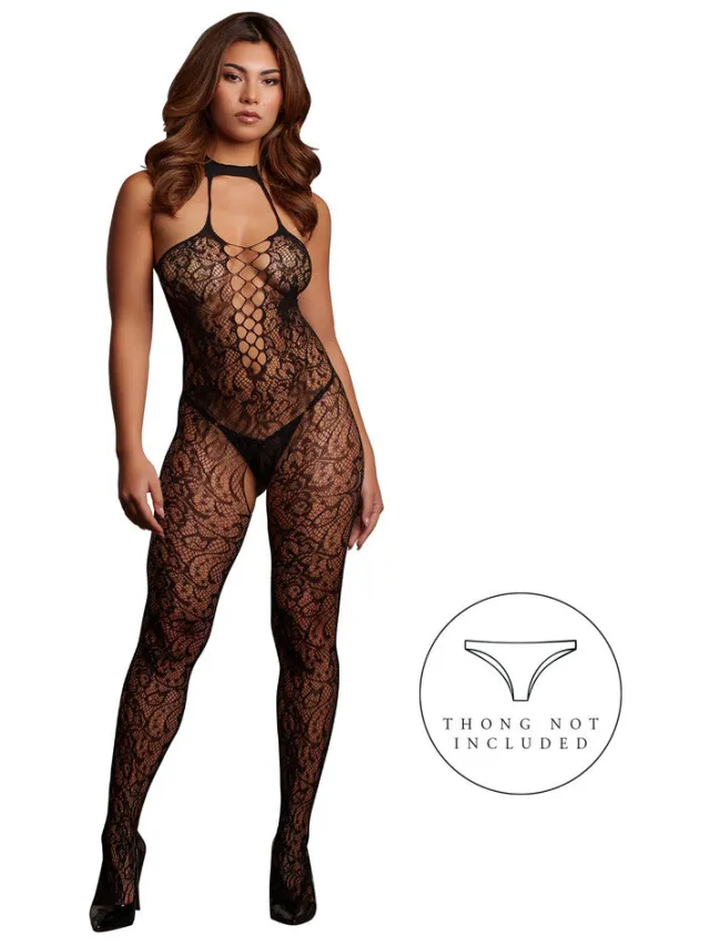 Le Désir Zwarte Kanten Bodystocking Met Halterhals One Size