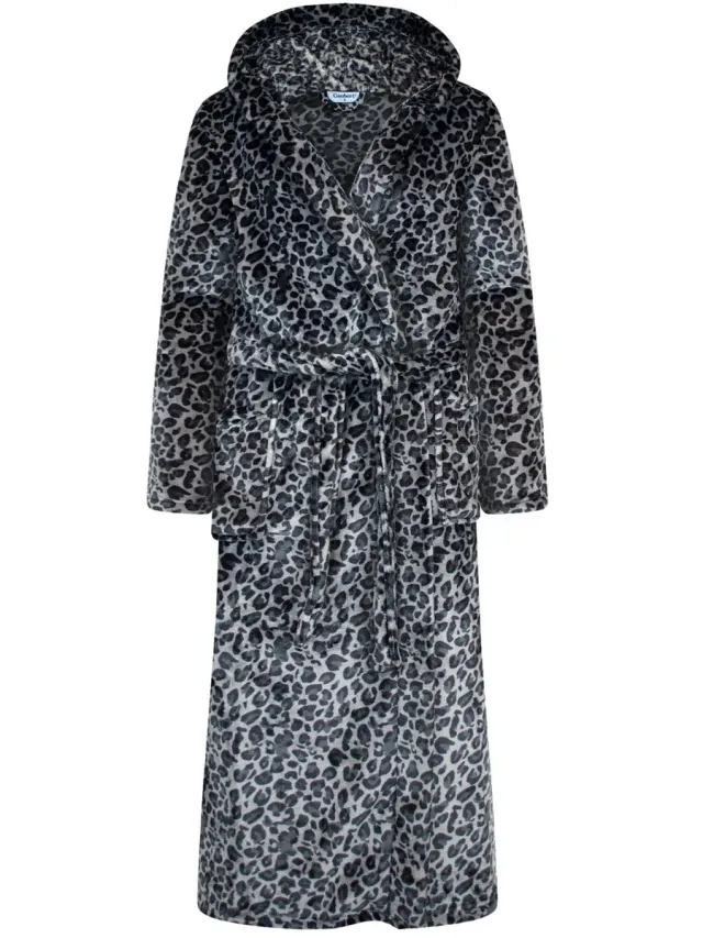 Gaubert Unisex Lange Fleece Badjas Met Capuchon – Zwarte Panterprint