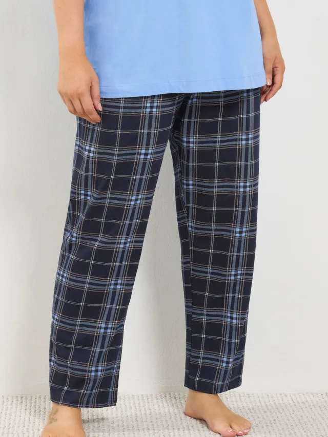 Yours Blauwe Geruite Katoenen Pyjamabroek Met Wijde Pijpen-44, foto 3