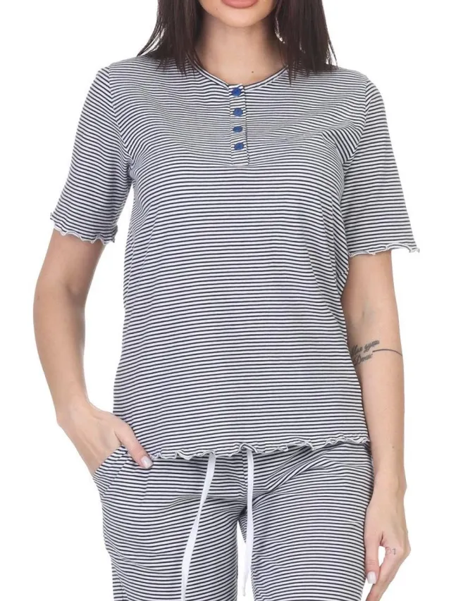Normann Damespyjamashirt met korte mouwen mix & match streifen_marine
