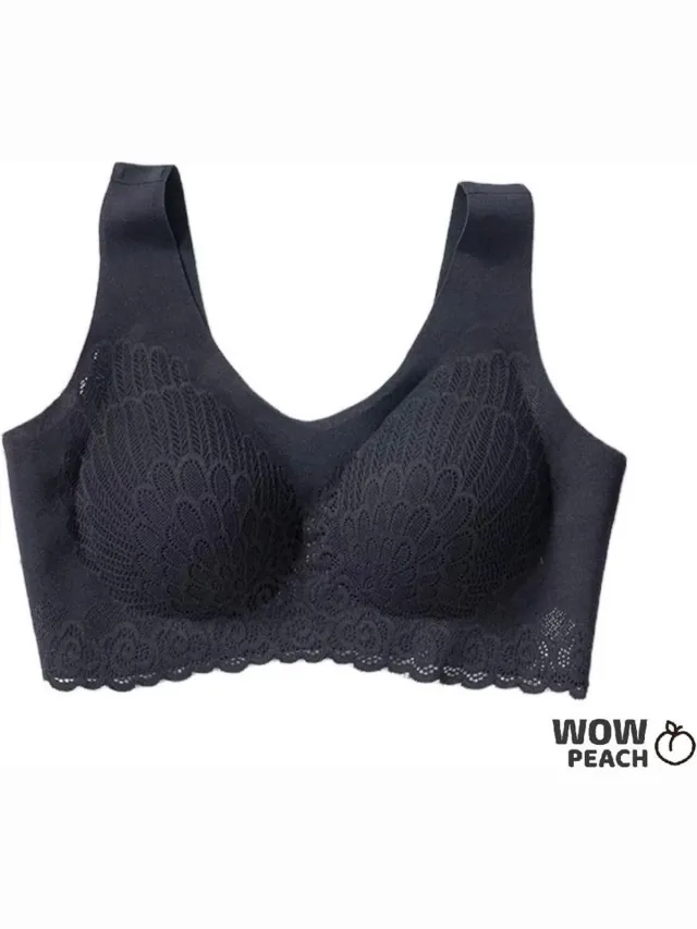 Wow Peach Bustier - Bralette Lace BH - Voorgevormde BH zonder beugel - Lingerie BeHa - Comfy - PushUp - Yoga BeHa - Slaap BeHa - Ademend - Naadloos - Kanten BeHa - Lace Bra - Zwart