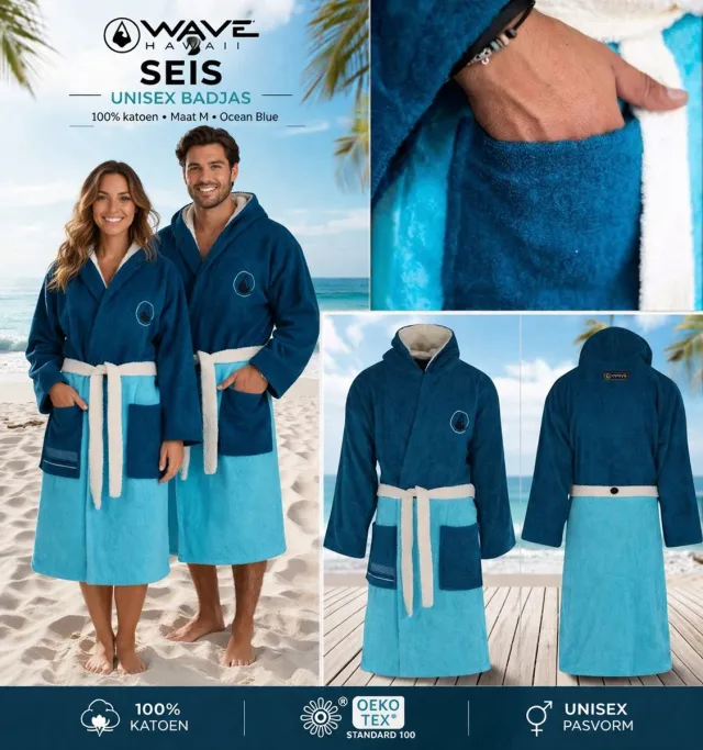 Wave Hawaii Badjas - Unisex - Wave Hawaii - Seis - Katoen - 100% katoen Donkerblauw