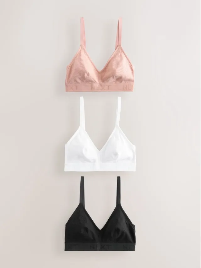 Next Dames - Set van 3 katoengeribbelde DD+ bralettes met logo, zonder vullingen, zonder beugels - Zwart Black/White/Pink