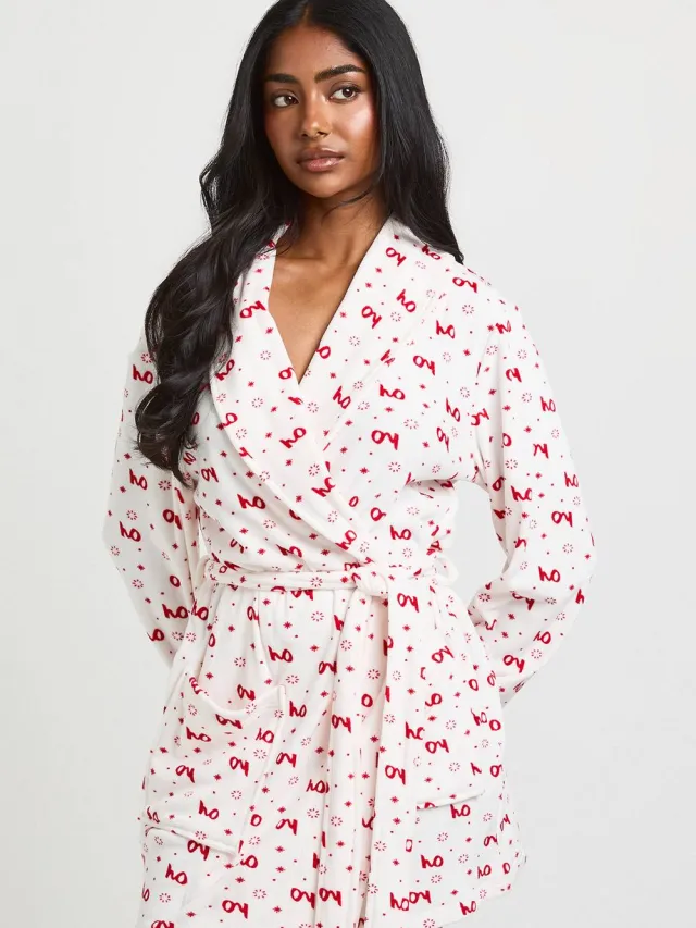 boohoo Dames Kerst Fleece Mini Ochtendjas Met Print wit, foto 2