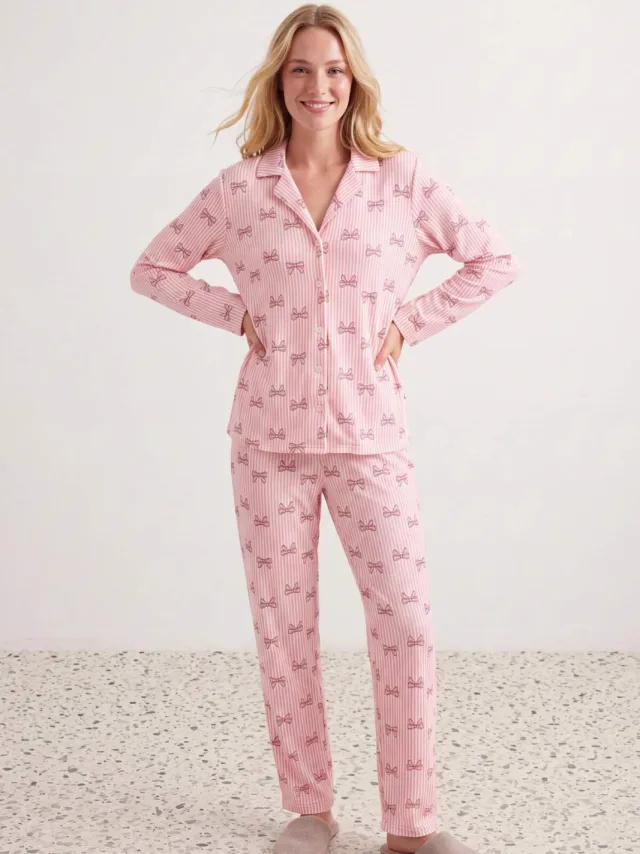 Trendyol TRENDYOLMİLLA Dames 2-pack Roze Met grafische print Lang, Regular fit Pyjama- Sets