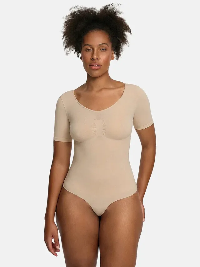 cfab T-shirt bodysuit met corrigerende werking en koordjes - Beige - XL - Corrigerende Body - Naadlos - corrigerend ondergoed dames