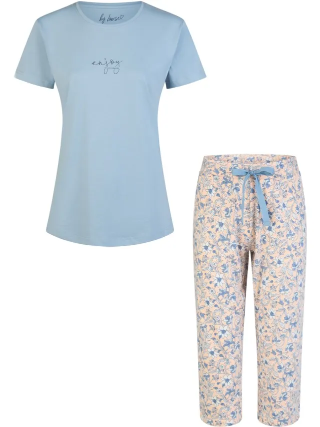 By Louise Dames Capri Pyjama Set Driekwart Broek Blauw/Soft Orange Gebloemd