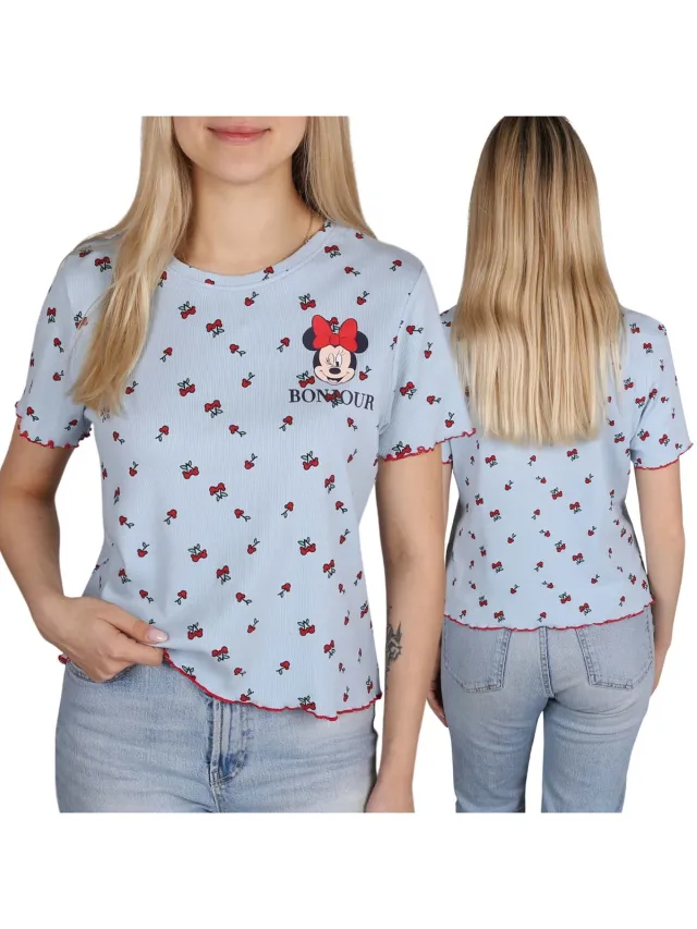 Disney Minnie Mouse Dames T-shirt met korte mouwen, blauw met kersenpatroon