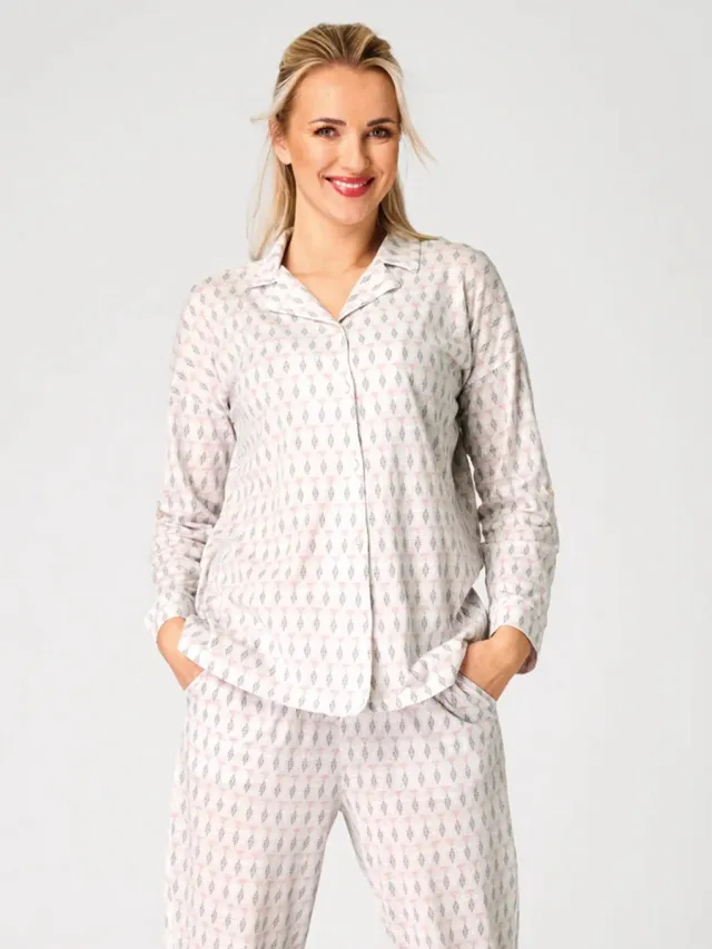 Key Katoenen Dames Pyjama Lange Mouw Zomer Knoopsluiting Print Wit Roze LNS 879 42 /