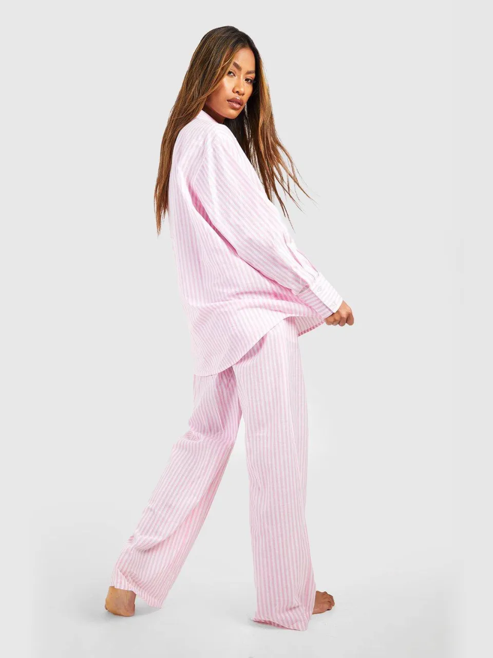 boohoo Dames Katoenen pyjama broek met fijne streepjes roze, foto 2