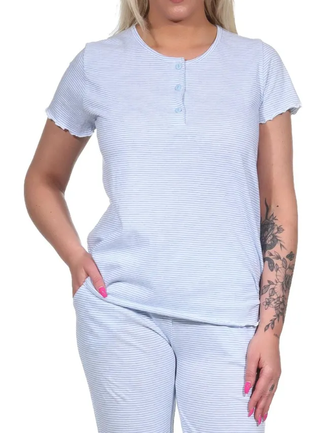 Normann Dames pyjama Top T-shirt met korte mouw mix & match in streepjes look - 122 220 90 903 hellblau