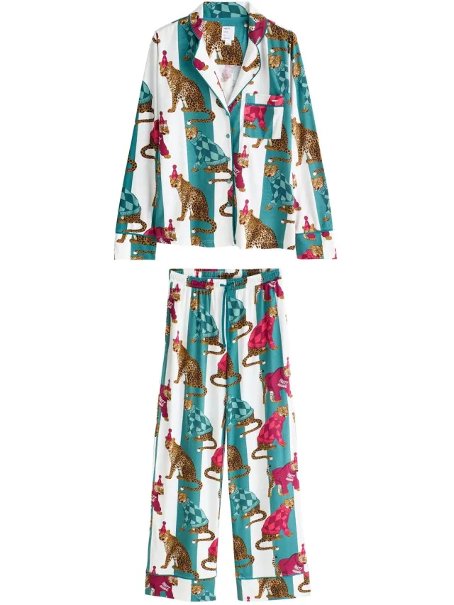 Next Dames - Pyjama met lange mouwen en knopen - Wit Leopard Stripe