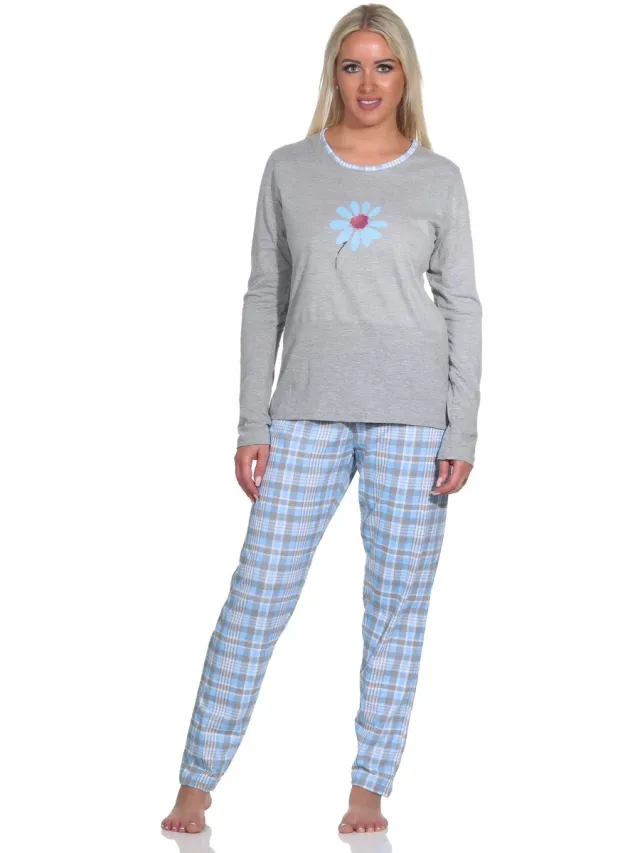 Normann Damespyjama met lange mouwen, pyjama met ruitjesmotief - 112 201 10 733 hellblau