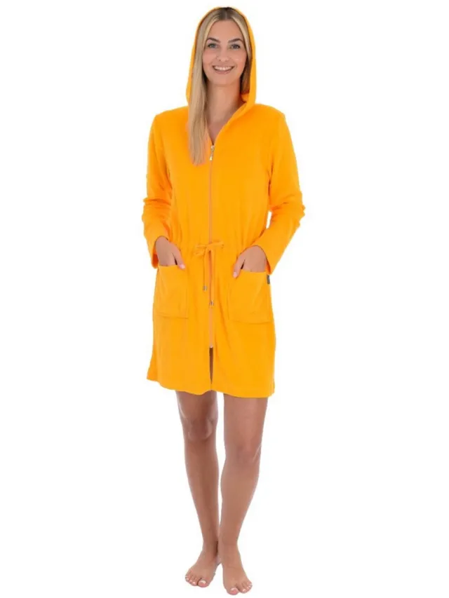 WeWo fashion Rits badjas sauna - dunne dames badjas - dames badjas met ritssluiting - kort model met capuchon - sauna - lichtgewicht - okergeel