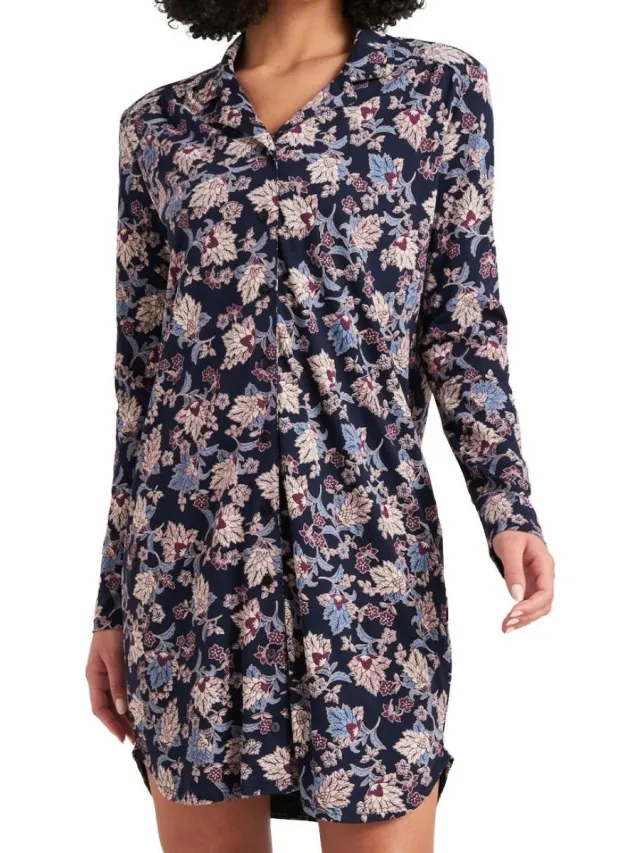 Schiesser Feminine Floral Comfort Fit Vrouwen Nachthemd - Donkerblauw