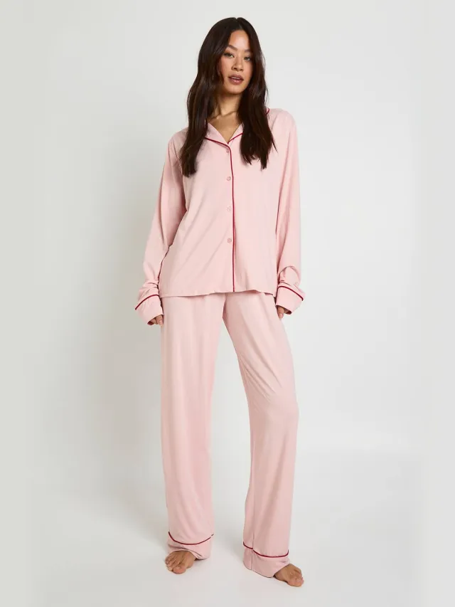 boohoo Dames Tall Jersey Pyjama Set met Paspeldetail - Shirt met Lange Mouwen & Broek Baby Roze
