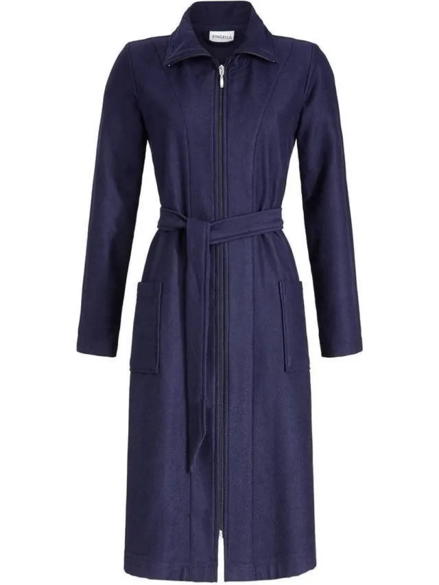 Ringella Nachtblauwe badstof dames badjas ritssluiting - Blauw - Maat - 48