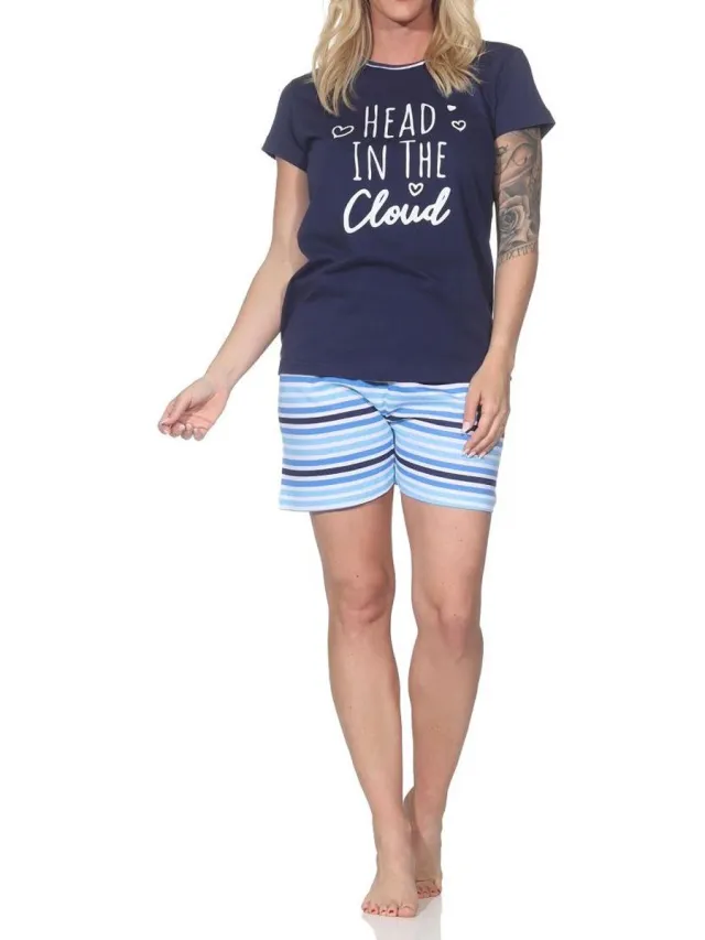 Normann dames pyjama shorty met korte mouwen en gestreepte pyjamabroek navy