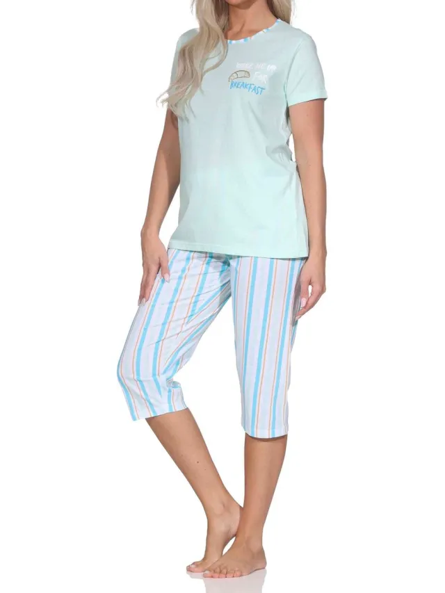 Normann pyjama met korte mouwen voor dames, inclusief capri pyjamabroek met streepmotief türkis