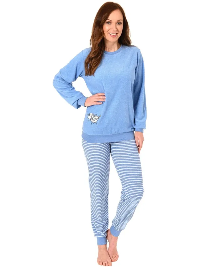 Normann Dames badstof pyjama met manchetten en schattig schapenmotief - 202 201 13 110 hellblau