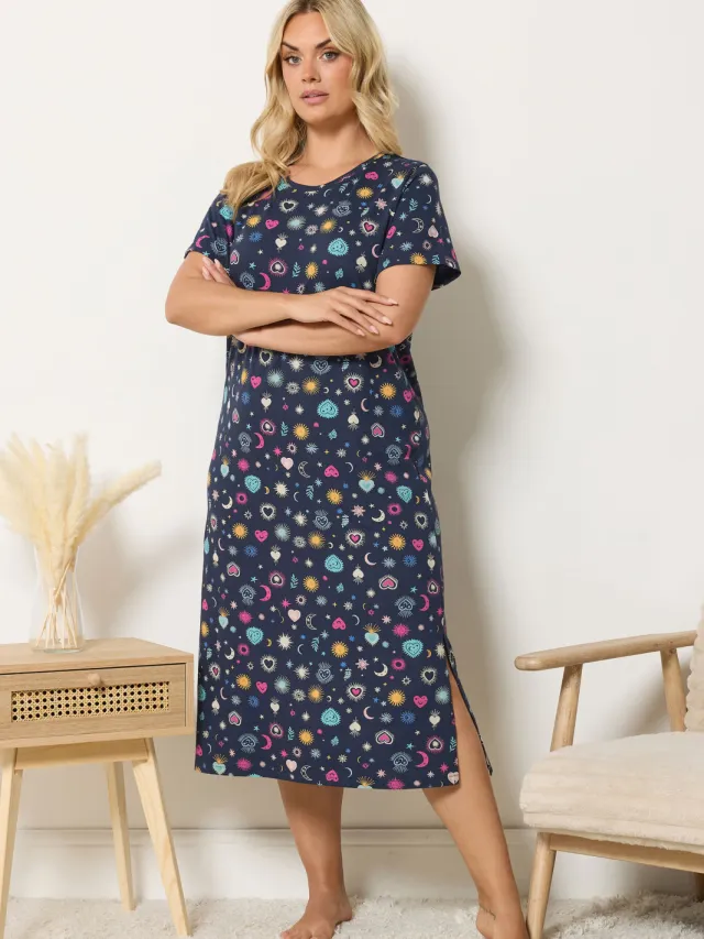 Yours Marineblauw Midaxinachthemd Met Sterrenprint-52 Blue