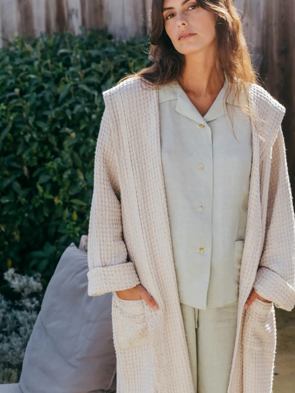 AmourLinen dames vegan Badjas Waffle Snuggle Crème, foto 2