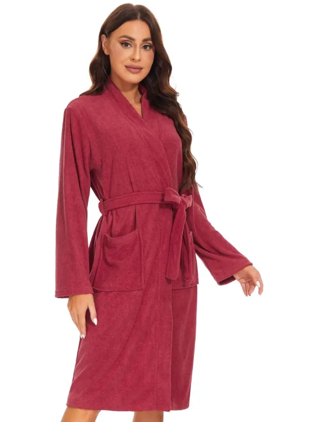 Ibenzoa Binnenhuis Comfortabele Damesbadjas met Luxe Kimono-Stijl en Praktische Opbergmogelijkheden rood
