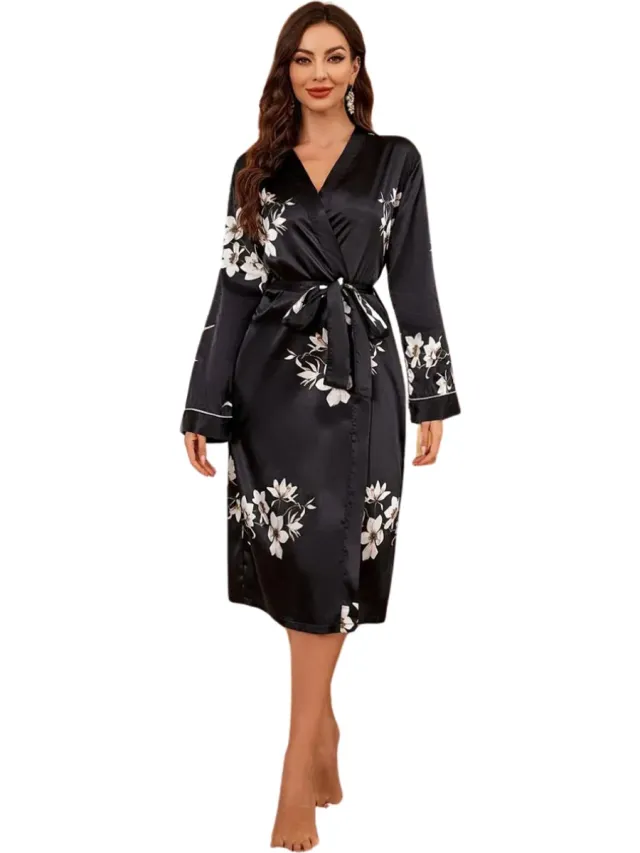 Nivard Satijnen Badjas Dames - Kimono - Kamerjas - Satijn - Ochtendjas - Pyjama - Zwart