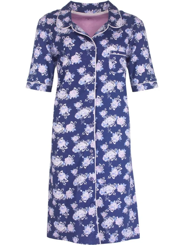 Medaillon Dames Nachthemd - Doorknoop - Bloemen dessin - Blauw