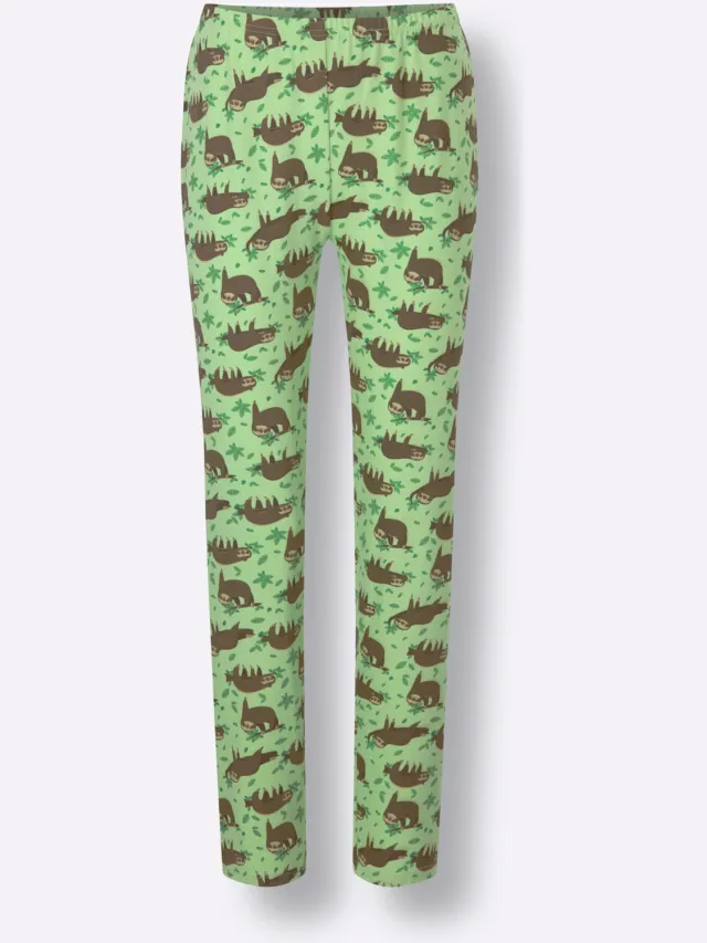 Pyjama's ecru/appelgroen bedrukt + resedagroen/ecru bedrukt