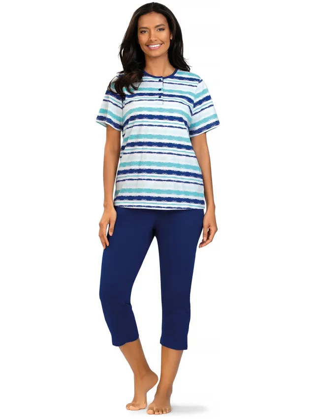 Comtessa Pyjama ‘Cool Blue Stripes’ - Dames Nachtmode - Korte Mouw - Blauw