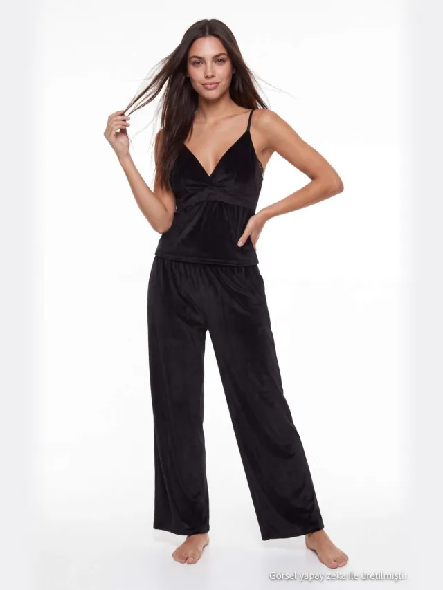 Trendyol TRENDYOLMİLLA Dames Zwart Effen Lang, Regular fit Pyjama- Sets