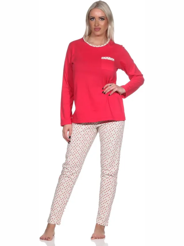 Normann damespyjama met lange mouwen en pyjamabroek in stippenlook pink