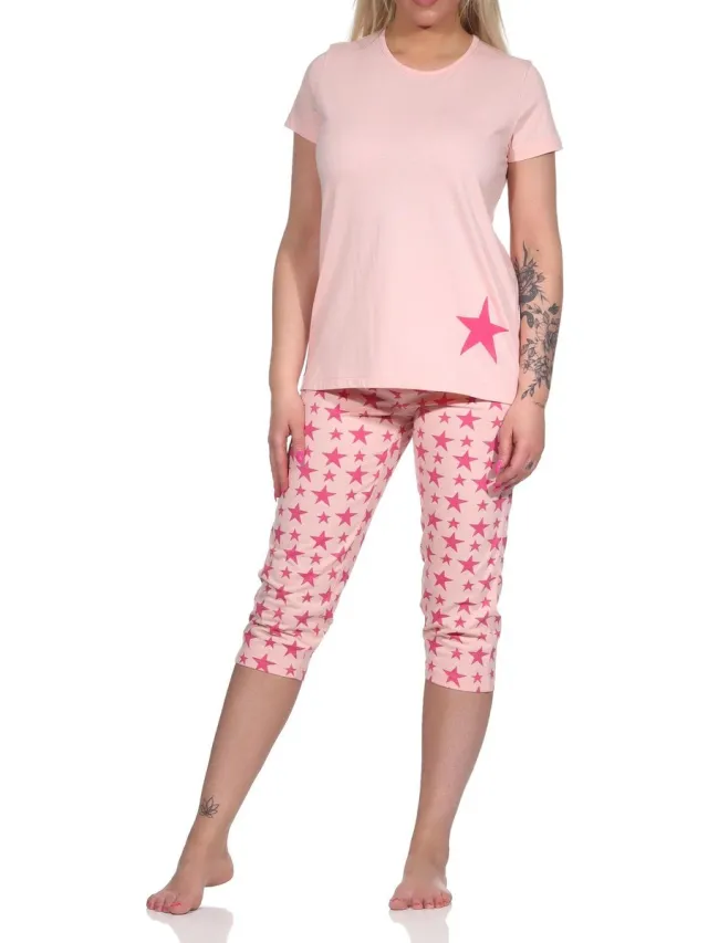 Normann Dames capri pyjama, pyjama met sterren - 112 204 10 735 rosa